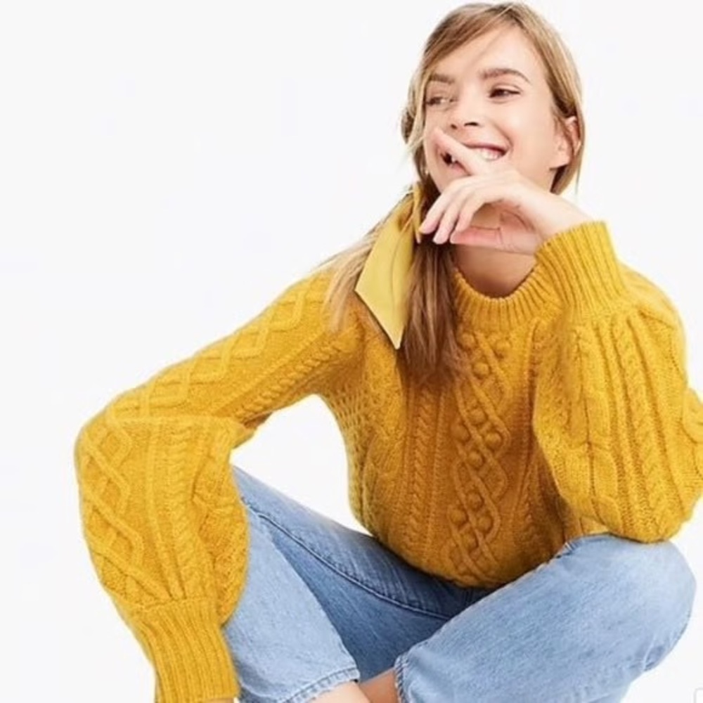 J.Crew X Demylee Wool Mohair Blend Sweater S Mustard Yellow Chunky Cable Knit EU